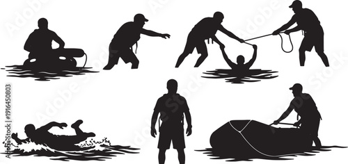 Black Solid Lifeguard Swift Water Rescue Silhouettes Set of Six on White Background