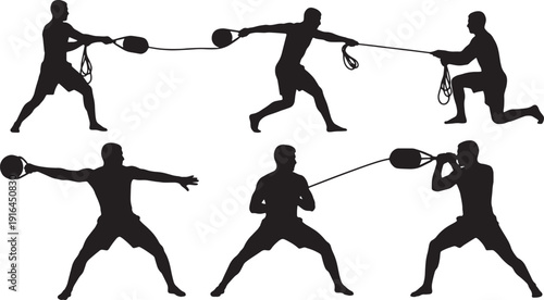 Black Solid Lifeguard Using Throw Bag for Rescue Silhouettes Set of Six on White Background