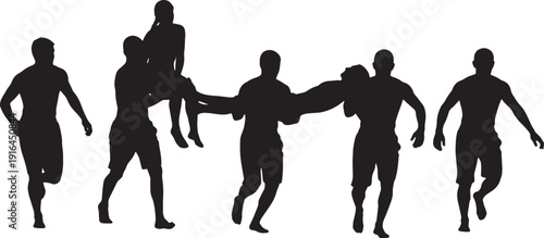 Black Solid Lifeguard Performing Two-Person Carry Rescue Silhouettes Set of Six on White Background