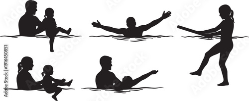 Black Solid Lifeguard Teaching Water Confidence to Beginners Silhouettes Set of Six on White Background
