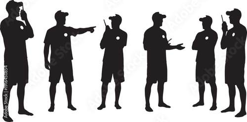 Black Solid Lifeguard Communicating Via Walkie-Talkie Silhouettes Set of Six on White Background