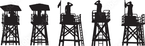 Black Solid Lifeguard Lookout from Watchtower Silhouettes Set of Six on White Background