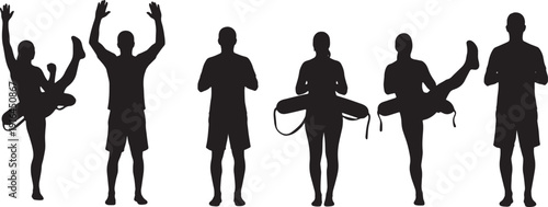 Black Solid Lifeguard Leading Water Exercise Class Silhouettes Set of Six on White Background