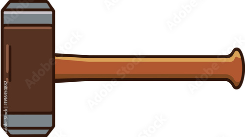 A hammer illustration, stylized. Brown head, gray top and bottom details, a wooden handle