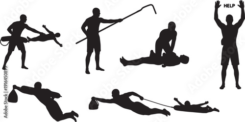 Black Solid Lifeguard Demonstrating Water Safety Techniques Silhouettes Set of Six on White Background