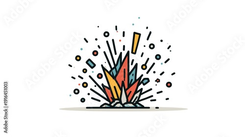 Graphic illustration of a multi-colored crystal structure exploding with shards, on white background