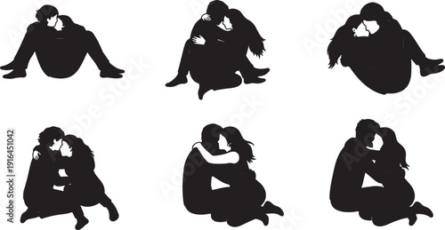 Black Solid Lying Down Couple Cuddles Set of Six on White Background