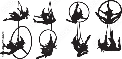 Black Solid Loop-the-Loop Witch Silhouettes Set of Six on White Background