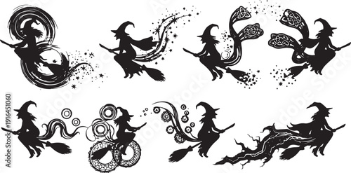 Black Solid Magical Trail Witch Silhouettes Set of Six on White Background