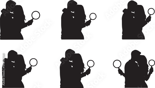 Black Solid Magnifying Glass Search Hugs Set of Six on White Background