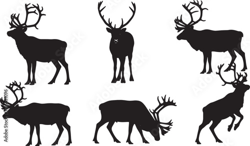 Black Solid Male Reindeer with Antlers Silhouettes Set of Six on White Background