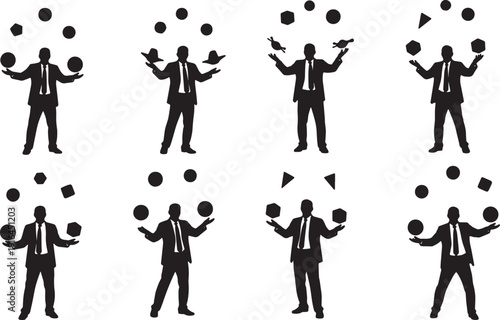 Black Solid Manager Juggling Items Silhouettes Set of Six on White Background