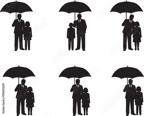 Black Solid Manager Holding Umbrella Silhouettes Set of Six on White Background
