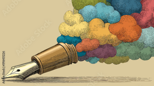 A pen expels colorful clouds. Inkwell illustration with various colors exploding into the background