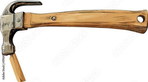 A detailed illustration of a hammer, showing a metal head and a wooden handle
