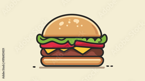 A cartoon burger illustration, featuring bun, patty, cheese, lettuce, and tomato on a neutral background