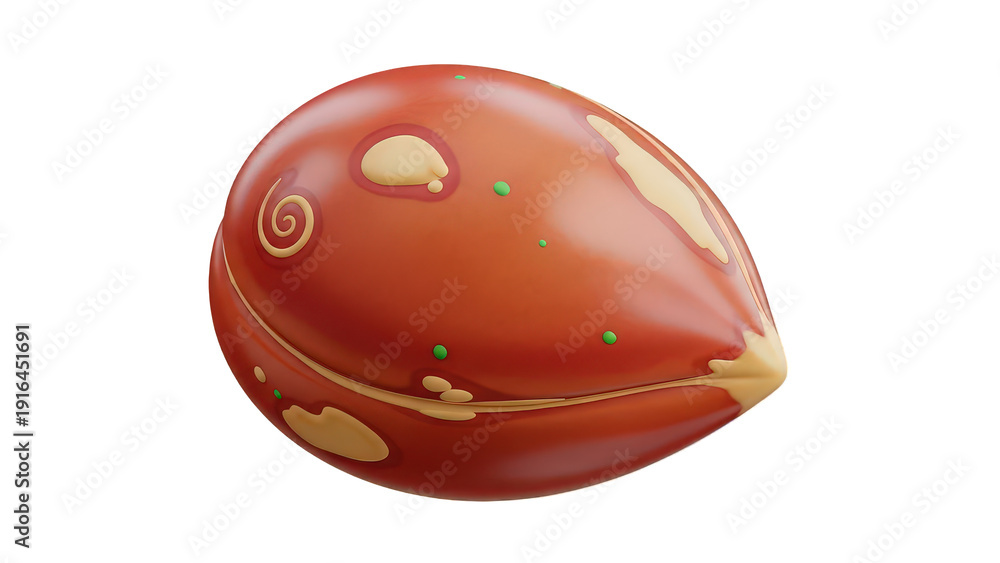 Fototapeta premium A stylized cartoonish peanut character with a smooth glossy reddishbrown shell decorated with whimsical creamcolored swirls and small green dots isolated on a plain background with no distractions