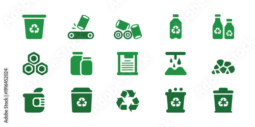 Collection of green recycling and waste management icons representing ecofriendly processes and sustainability