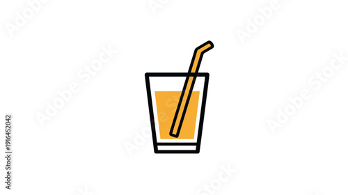 Illustration of a beverage in a glass with a straw, orange liquid and outlined in black