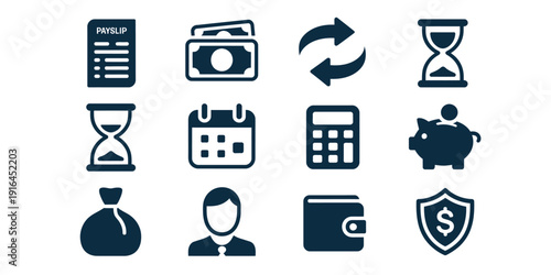 Collection of twelve dark blue finance and business related icons on white background