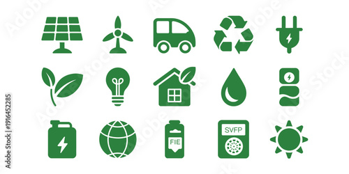 Eco friendly green icons for sustainable energy and environment concepts  various symbols