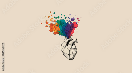 A geometric human heart releases a burst of colorful, abstract, and cubic shapes