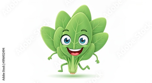 Joyful Cartoon Spinach Character with Exaggerated Features and Energetic Expression, Whimsical Style