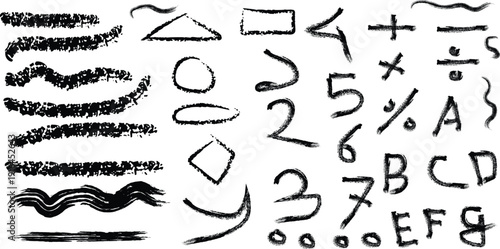 A collection of handwritten mathematical symbols and numbers on a white background