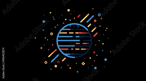 A stylized planet illustration with horizontal lines, surrounded by colorful dots and streaks, against black