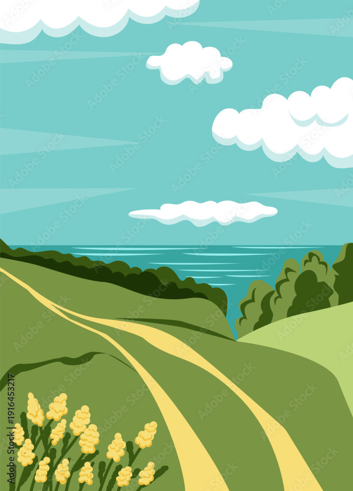 Fototapeta premium Summer landscape. Green field, a hill, fluffy cumulus clouds in the sky. Road, wild flowers. Rural scenery, peaceful outdoor environment. Nature.Travel tour. Vector