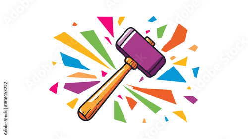 Colorful illustrated hammer with a purple head and wooden handle against a fractured background