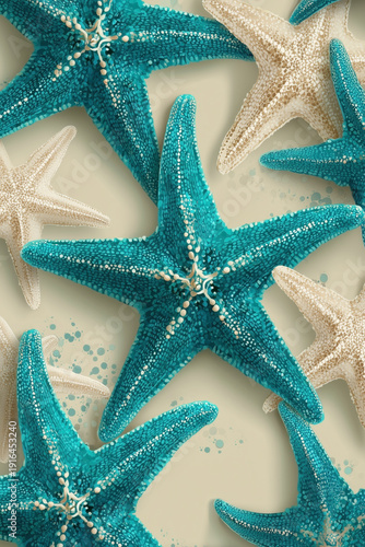 Teal And White Starfish Seamless Pattern Beige Background
