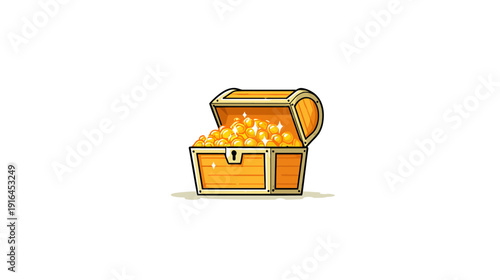 A cartoon treasure chest overflowing with golden coins, open and sparkling