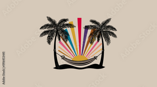 Illustration of a tropical scene featuring palm trees, hammock, and a colorful sunburst