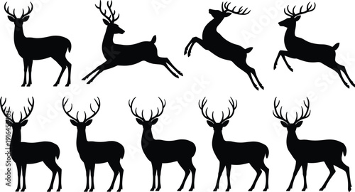 Deer Silhouette Set with Stag in Standing and Jumping Poses Isolated on White Background, Wild Forest Animal Collection for Wildlife Design