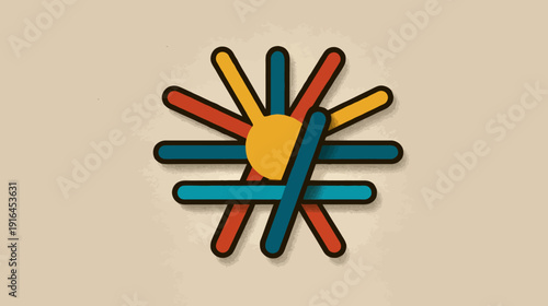 A retro-styled design composed of intersecting colorful lines radiating from a yellow circle