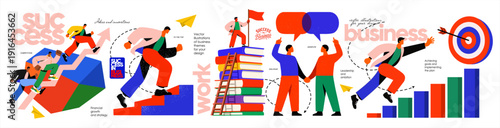 Business success. Modern vector flat illustrations of competition, teamwork, leadership, growth, goal achievement, debate, discussion, and strategy for icons, presentation and branding