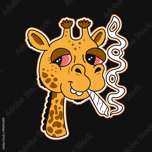 Smiling jirafe smoke joint logo. Vector hand drawn doodle cartoon character logo illustration. Cannabis,weed,marijuana print for t-shirt, poster, card concept