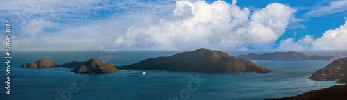 View of the resort islands north of Tortola (Guana and Great Camanoe) from the highlands of Tortola, British Virgin Islands