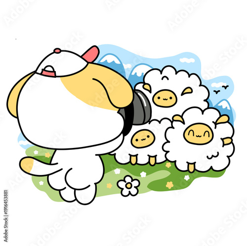 Cute puppy photographer with sheep cartoon illustration