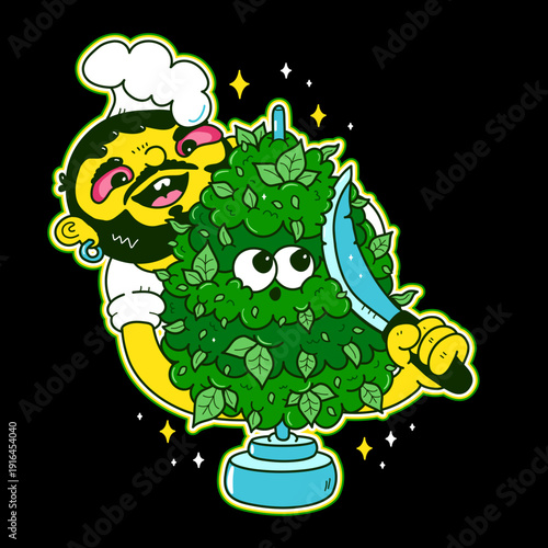 Chef and weed bud kebab. Vector cartoon marijuana print for t shirt, poster, sticker