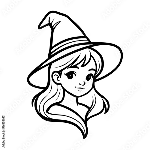 Dibujo sencillo con líneas de la cabeza de una chica joven con sombrero de bruja para tarjetas y felicitaciones de Halloween