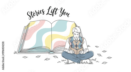 Vector illustration of a woman meditating in lotus position with an open book behind her on a white background