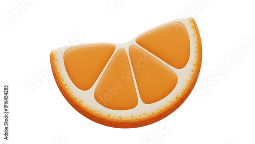 A vibrant and juicy orange slice depicted in a realistic 3D render with a smooth texture and glossy sheen isolated on a transparent background for versatile use in design