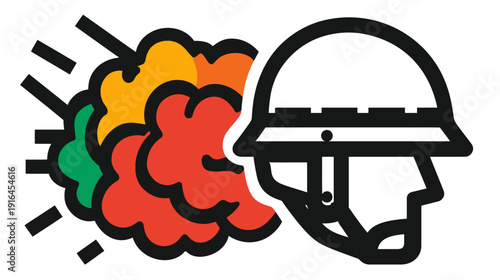 Graphic illustration features a helmeted figure beside a colorful explosion with radiating black lines