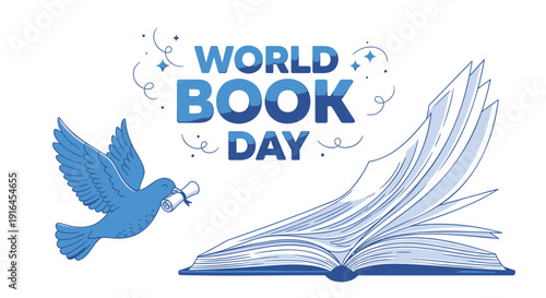 Vector illustration of a blue bird flying with a bookmark towards an open book on a white background with World Book Day text