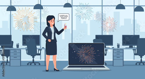 Frustrated businesswoman with broken laptop in office holding phone.