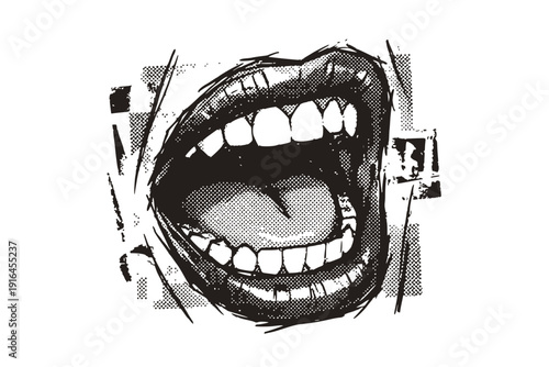 Black White Halftone Screaming Lips Mouth Semi-Sketch Grunge Punk Y2K-Photocopy Stipple Brutalist Single Illustration - Scream Lips Design