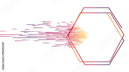 Abstract composition with a layered geometric shape and dynamic horizontal lines of varying hues