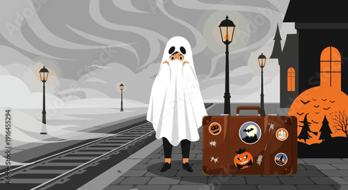 Ghostly Traveler A Halloween Specter at the Train Station.